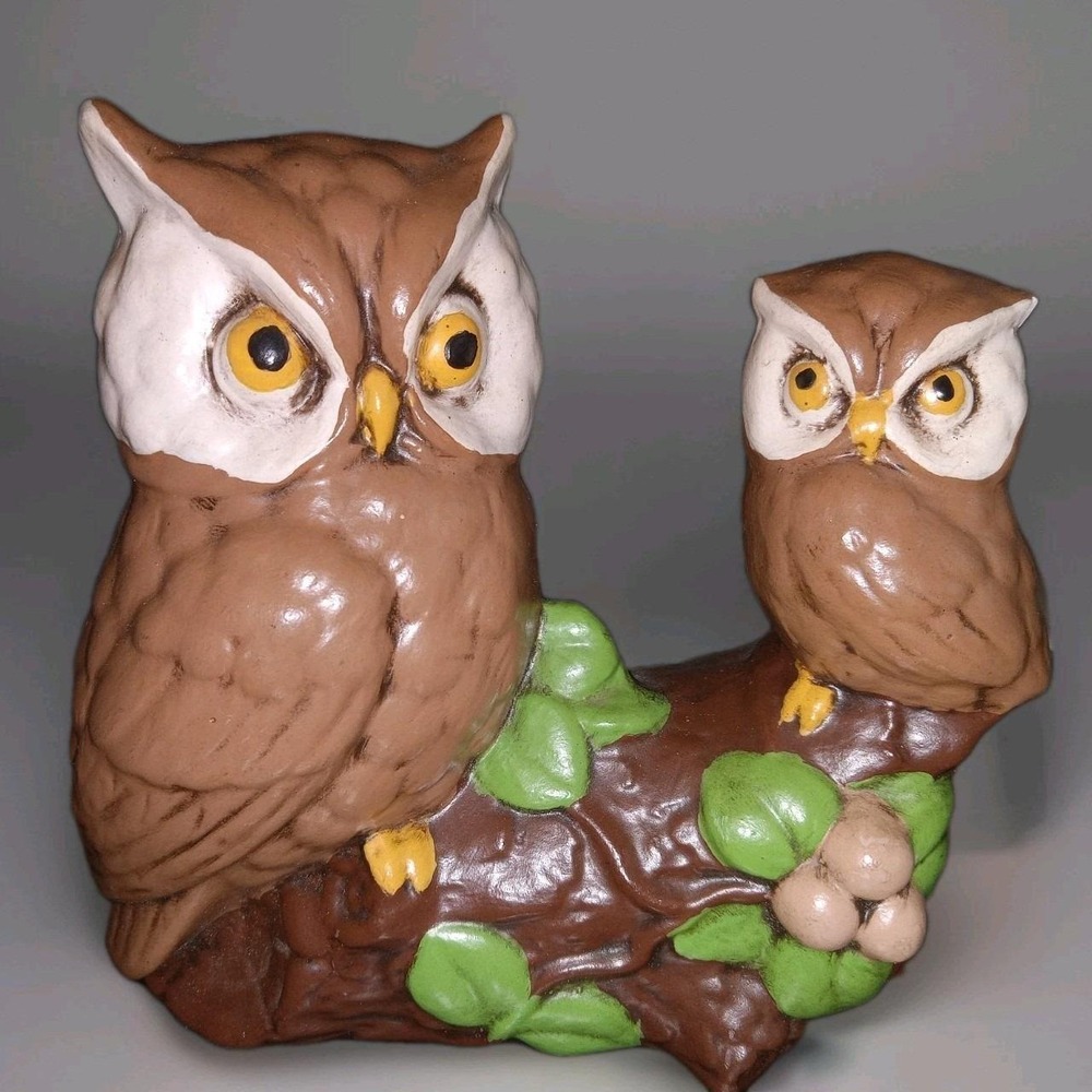 Vintage 1978 Hand Painted Ceramic Owls On A Tree Branch Statue Figurine Signed